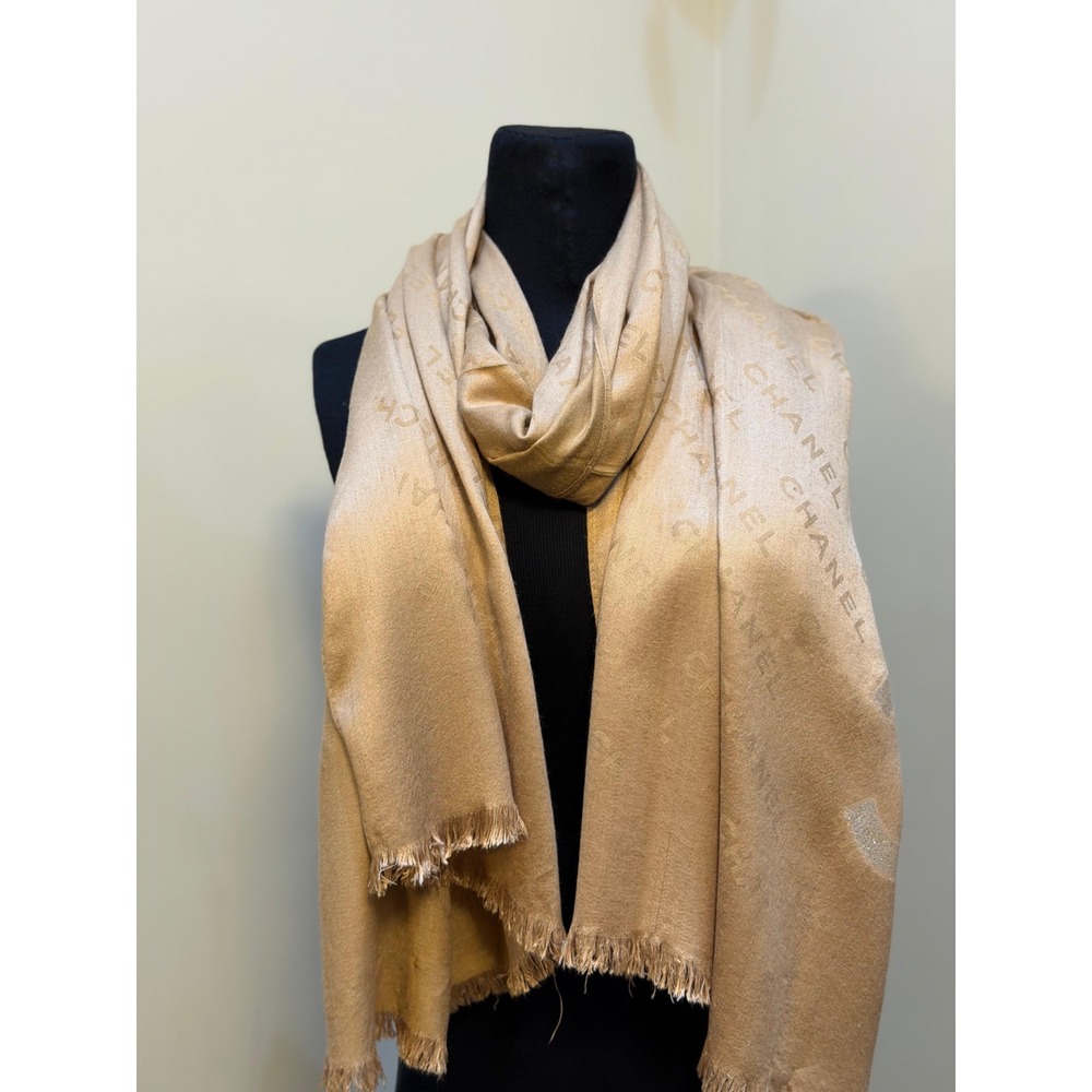 Chanel Silk Jacquard Logo Shawl Wrap Champagne Gold CC Monogram 12P Italy